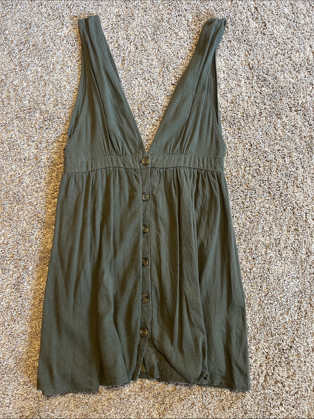 Olive Green Deep V-Neck Button-Front Tank Dress